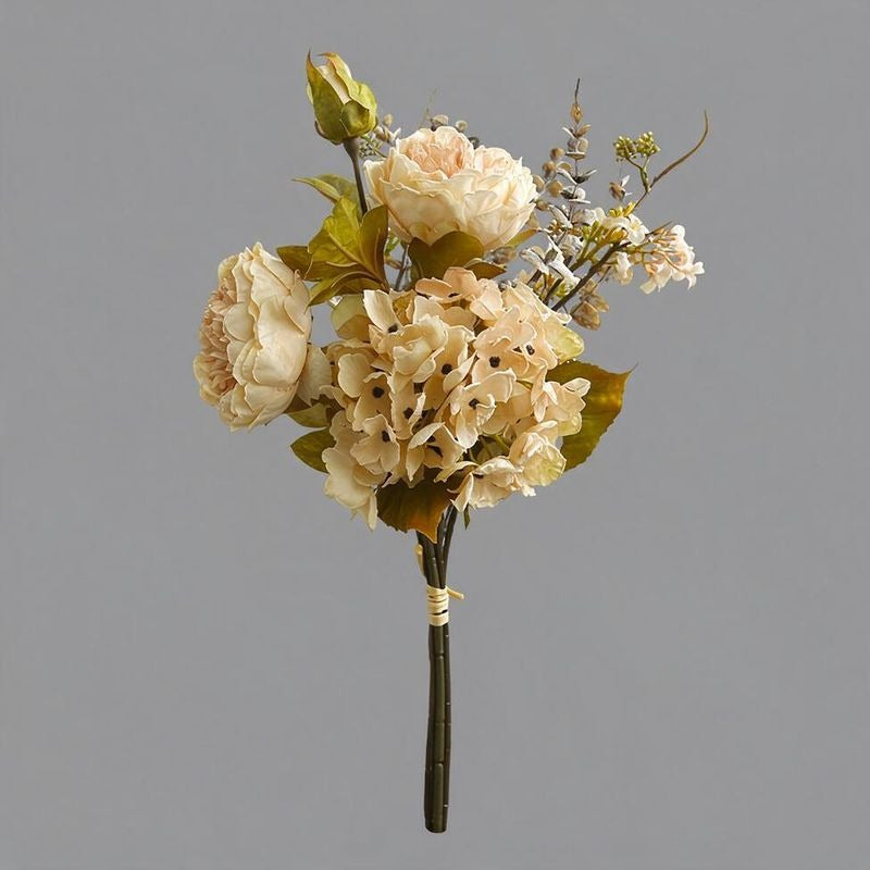 Kunstblumen Pfingstrosen-Hortensien-Bouquet, 3 Blütenköpfe, Kunstseide, Herbstfarben, für Wohnung, Büro und Schaufenster