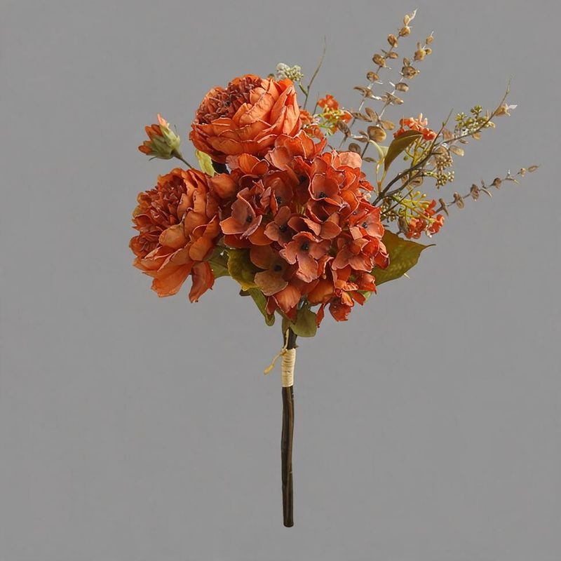 Kunstblumen Pfingstrosen-Hortensien-Bouquet, 3 Blütenköpfe, Kunstseide, Herbstfarben, für Wohnung, Büro und Schaufenster