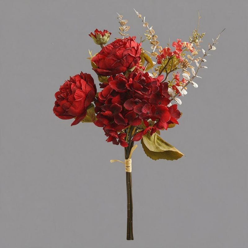 Kunstblumen Pfingstrosen-Hortensien-Bouquet, 3 Blütenköpfe, Kunstseide, Herbstfarben, für Wohnung, Büro und Schaufenster