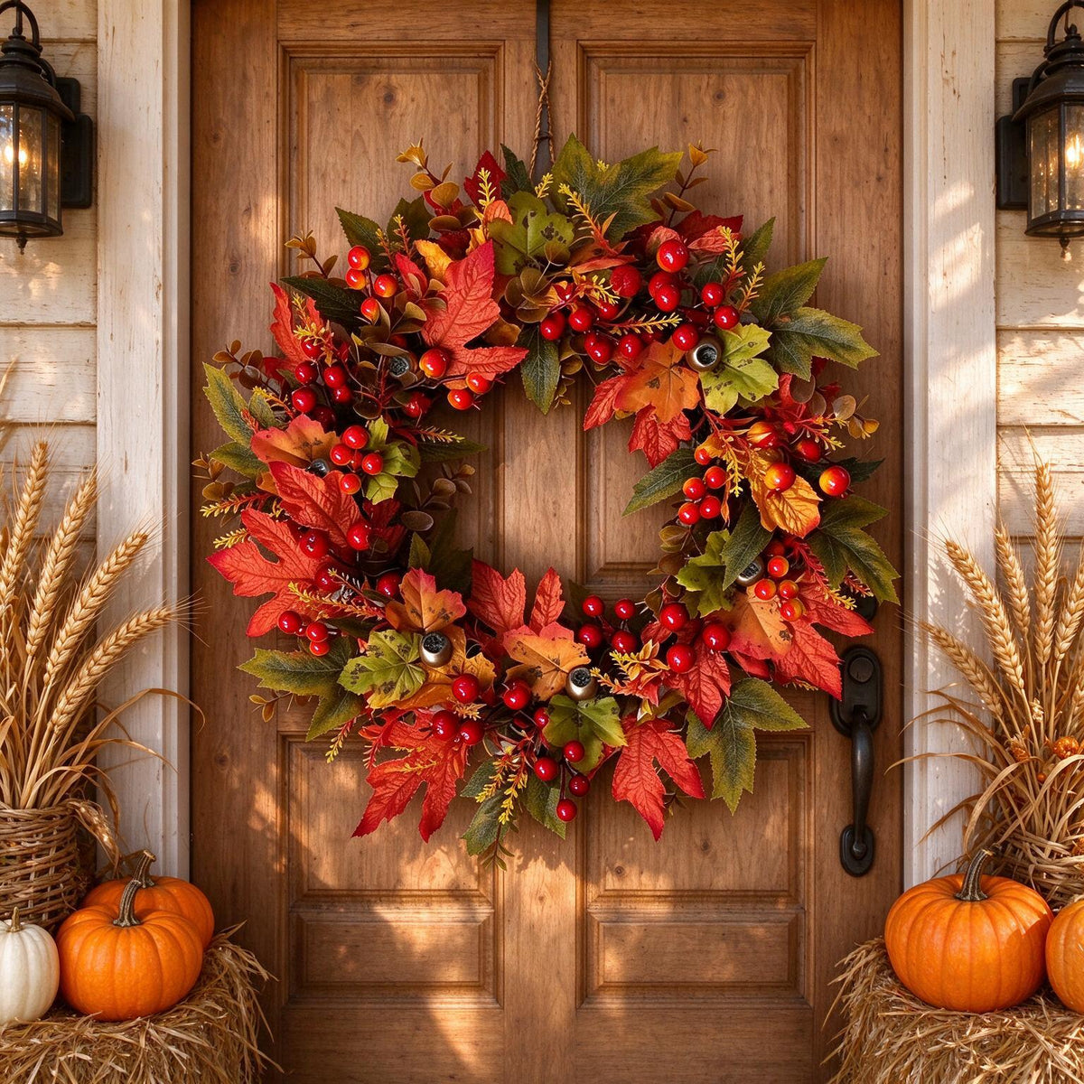 Herbstkranz mit Ahornblättern, 40 cm Länge, Girlande aus Stoff, PE und Naturrebe, Erntedank, Hotel und Schaufenster