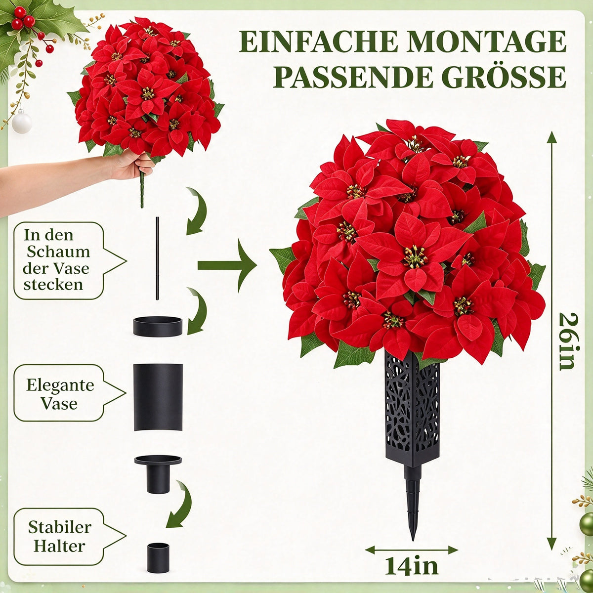 2er Set Künstliche Weihnachtsstern Grabblumen, Naturgetreue Friedhofsblumen, Weihnachts Grabschmuck für Grabsteine