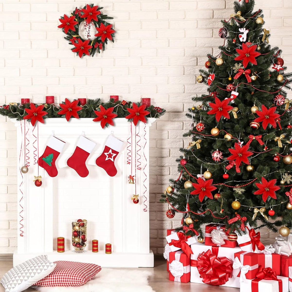 6er Set Künstliche Weihnachtssterne, 7 Blütenköpfe pro Strauß, Samt-Weihnachtssterne, Festliche Weihnachtsdekoration