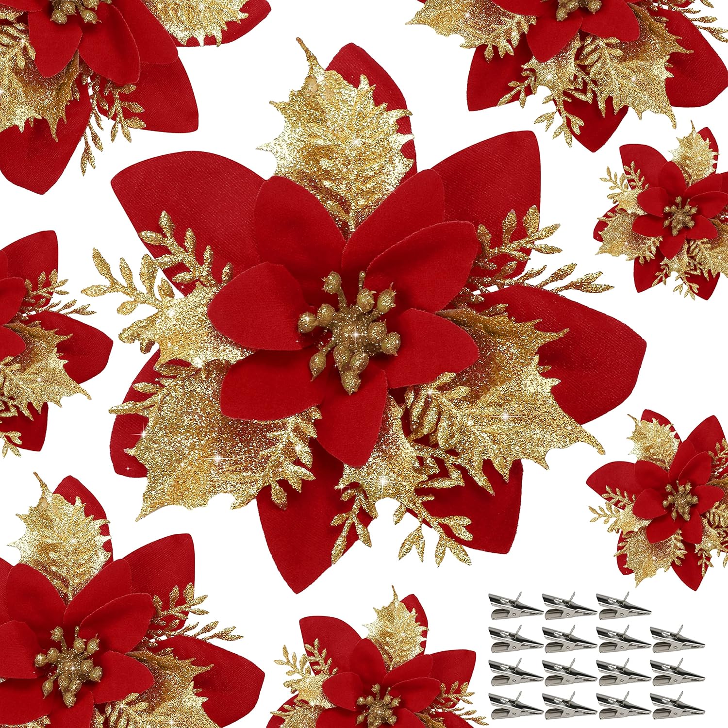 18 Stück Künstliche Poinsettien mit Klammern – Weihnachtsdekoration