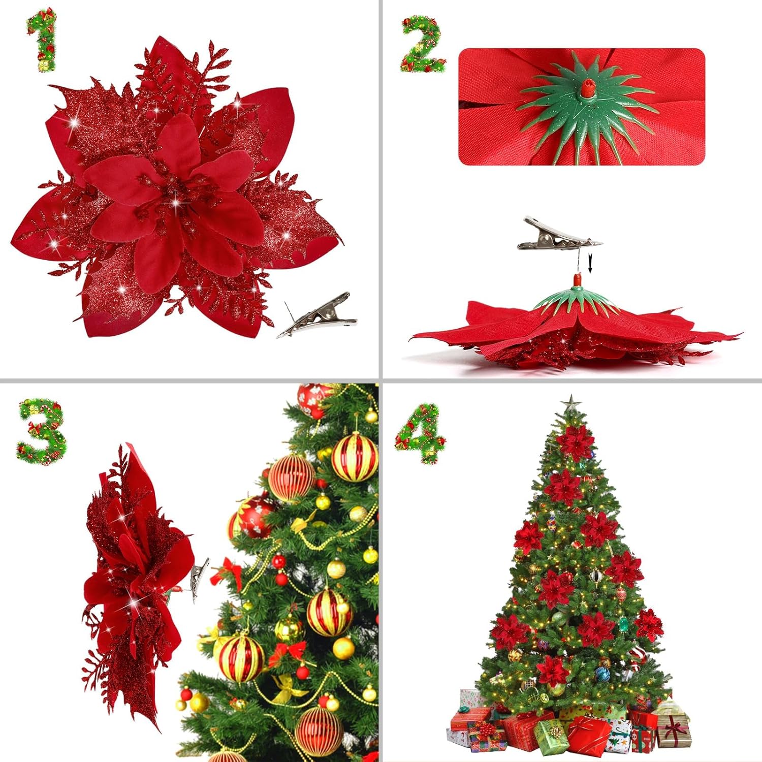 18 Stück Künstliche Poinsettien mit Klammern – Weihnachtsdekoration