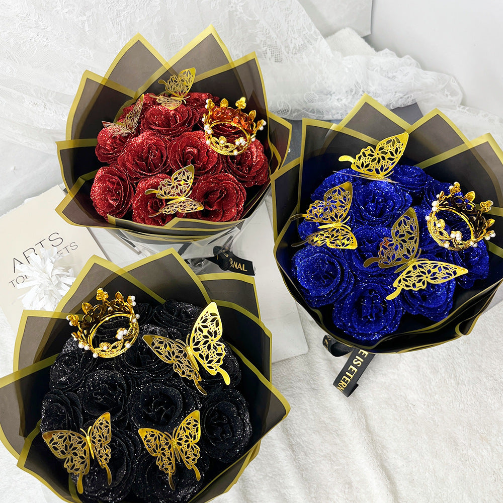 24 Stück Glitzer-Rosenstrauß Glitzer Rosen Bouquet DIY künstliche Glitzer-Blumensträuße mit Krone für Geschenke Hochzeitstag Verlobungstag Geburtstag