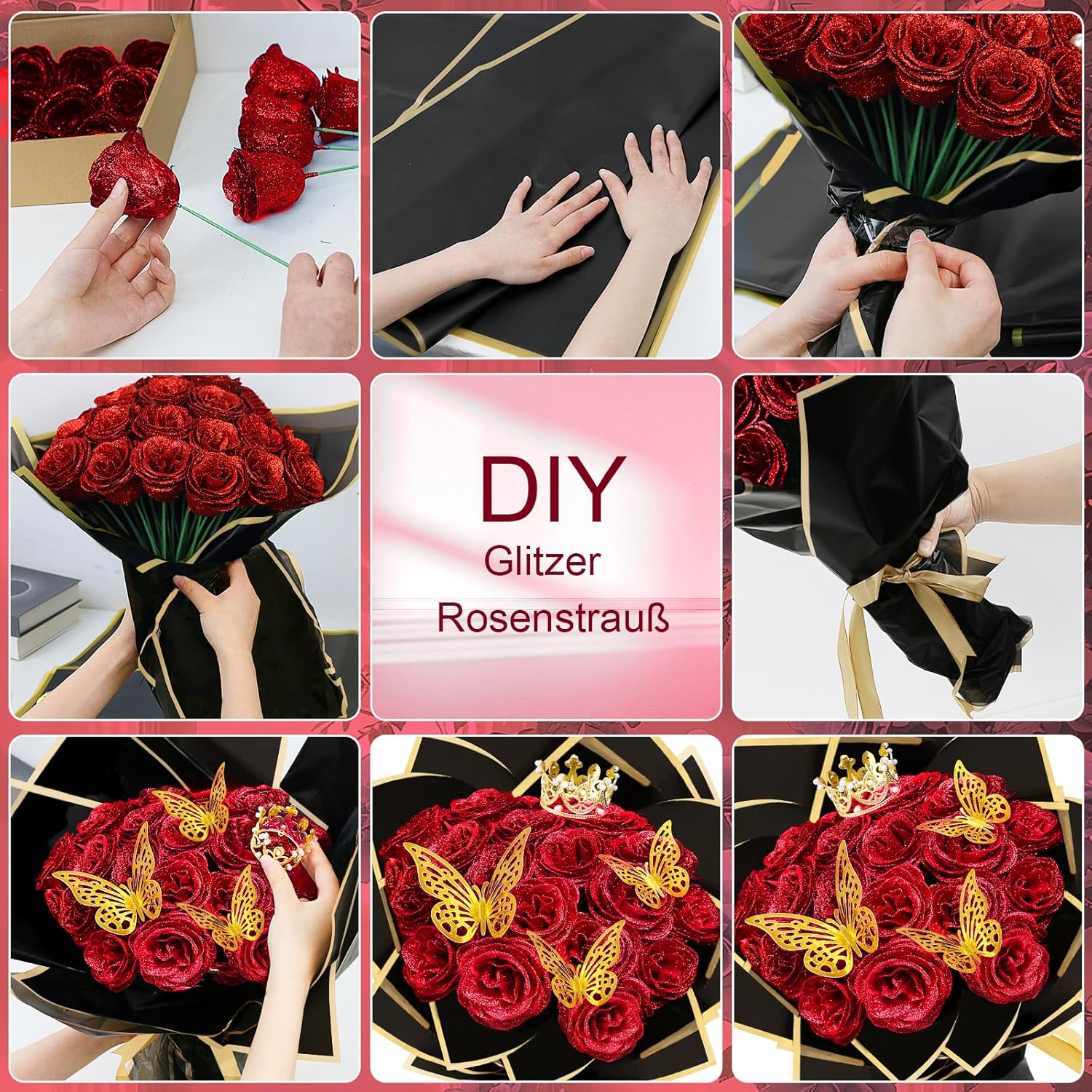 24 Stück Glitzer-Rosenstrauß Glitzer Rosen Bouquet DIY künstliche Glitzer-Blumensträuße mit Krone für Geschenke Hochzeitstag Verlobungstag Geburtstag