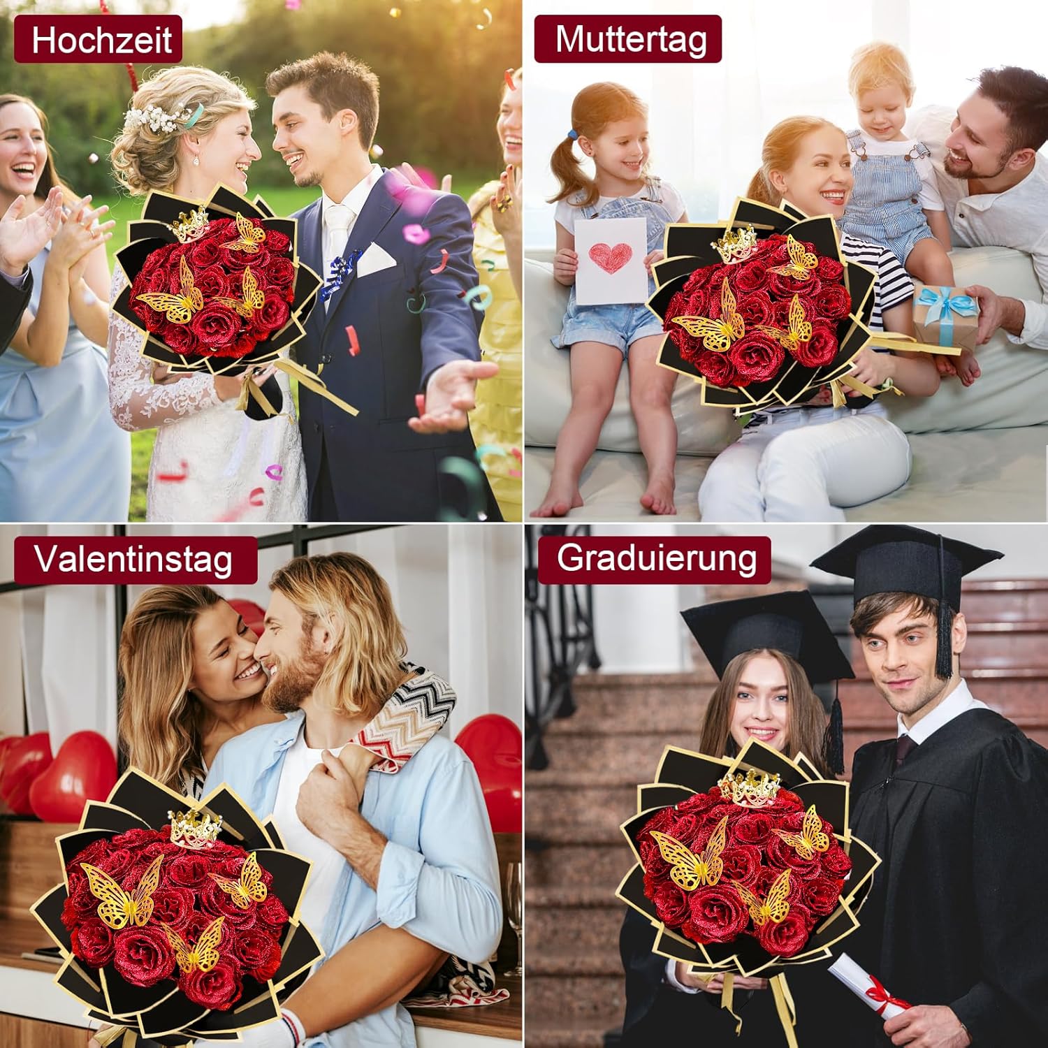 24 Stück Glitzer-Rosenstrauß Glitzer Rosen Bouquet DIY künstliche Glitzer-Blumensträuße mit Krone für Geschenke Hochzeitstag Verlobungstag Geburtstag