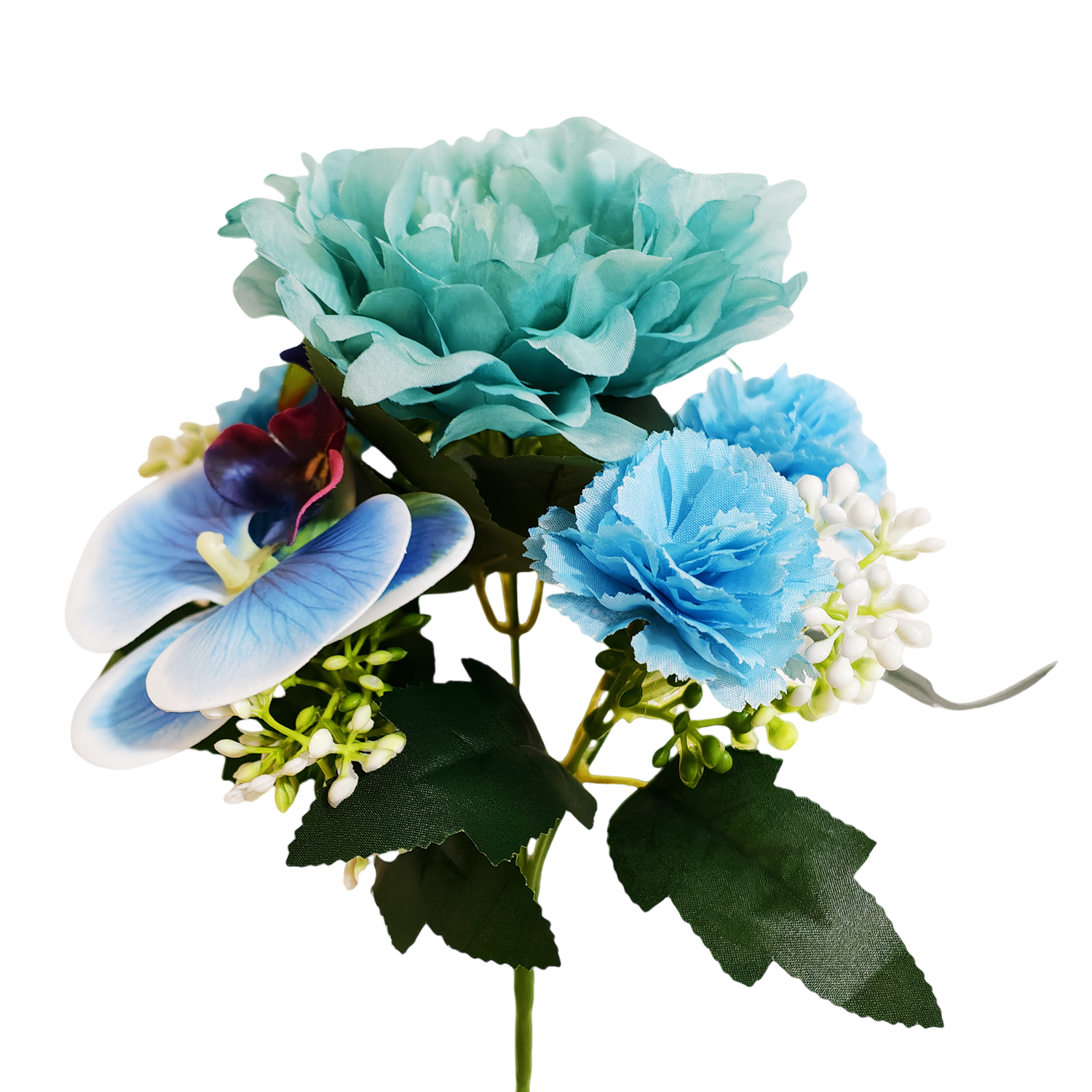 28 cm künstlicher Blau-Mischblumen-Strauchstrauß mit Pfingstrosen, Phalaenopsis und Nelken