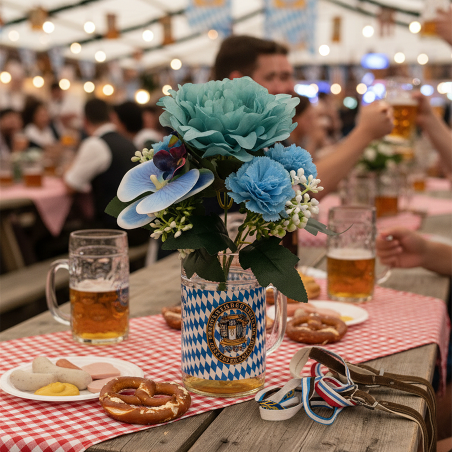28 cm künstlicher Blau-Mischblumen-Strauchstrauß mit Pfingstrosen, Phalaenopsis und Nelken