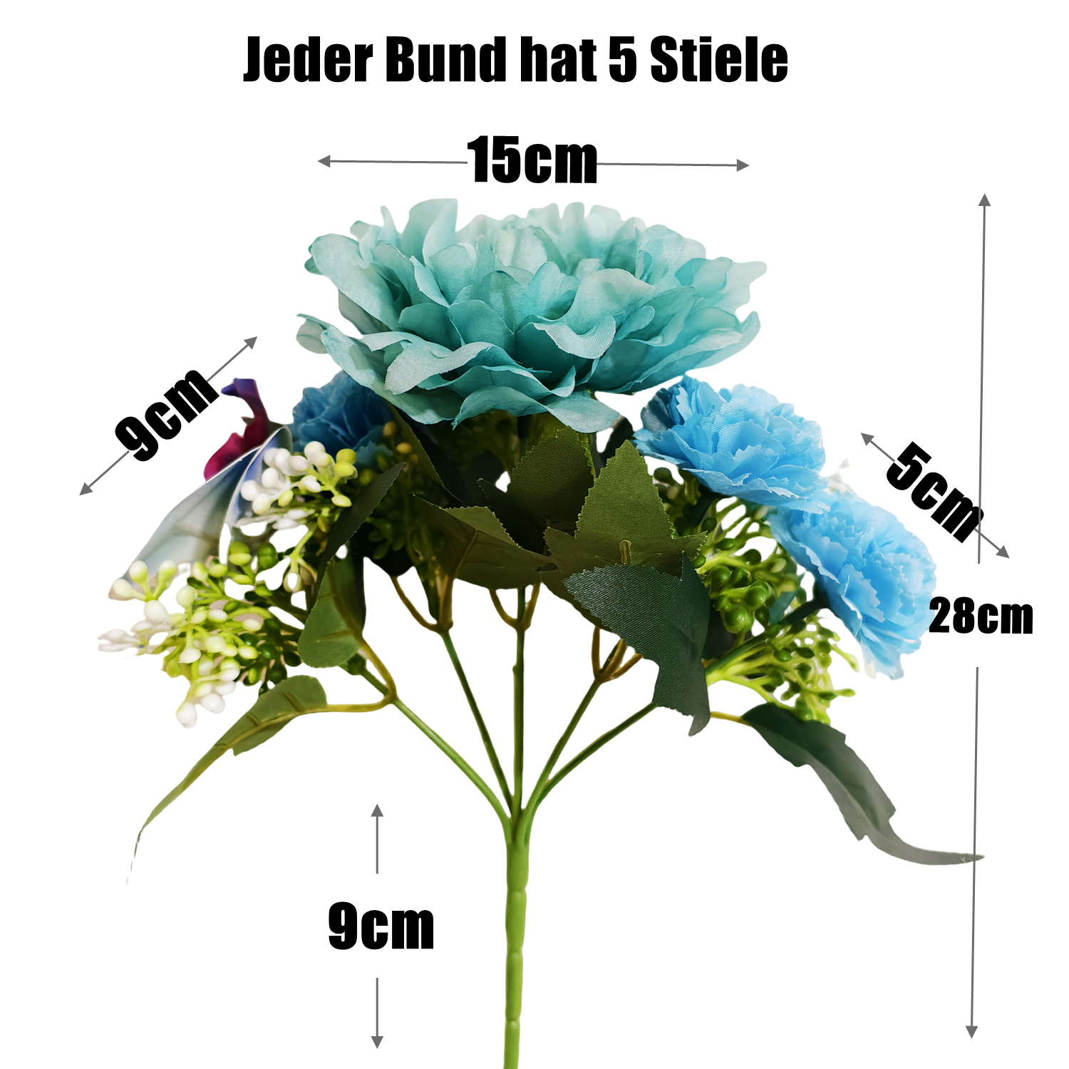 28 cm künstlicher Blau-Mischblumen-Strauchstrauß mit Pfingstrosen, Phalaenopsis und Nelken