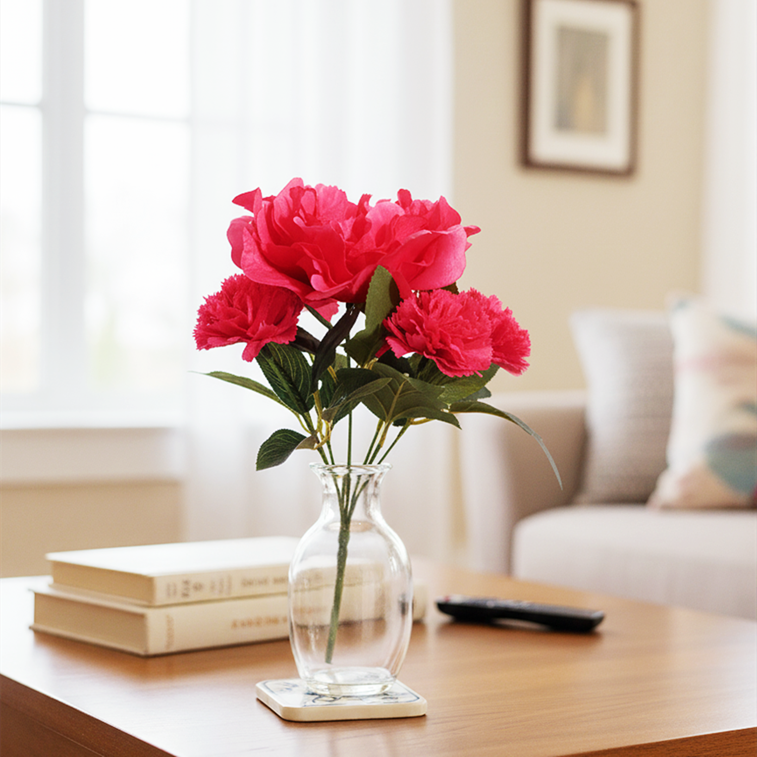 28 cm künstlicher Fuchsia-Mischblumen-Strauchstrauß mit Pfingstrosen und Nelken