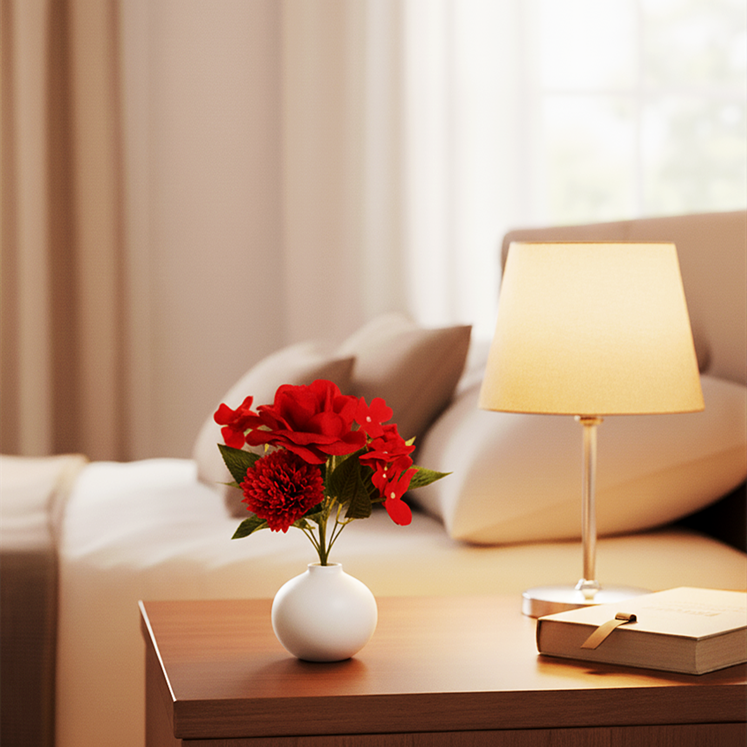 28 cm künstlicher roter Mischblumen-Strauchstrauß mit Rosen, Chrysanthemen und Impatiens