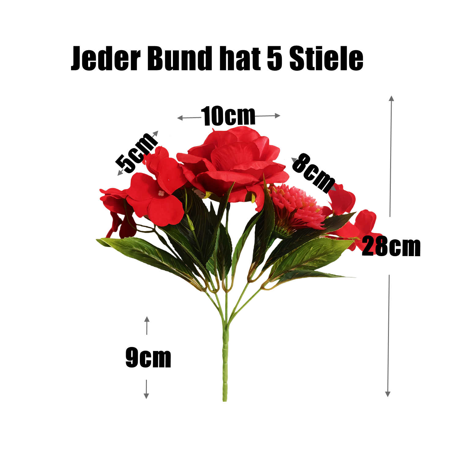 28 cm künstlicher roter Mischblumen-Strauchstrauß mit Rosen, Chrysanthemen und Impatiens