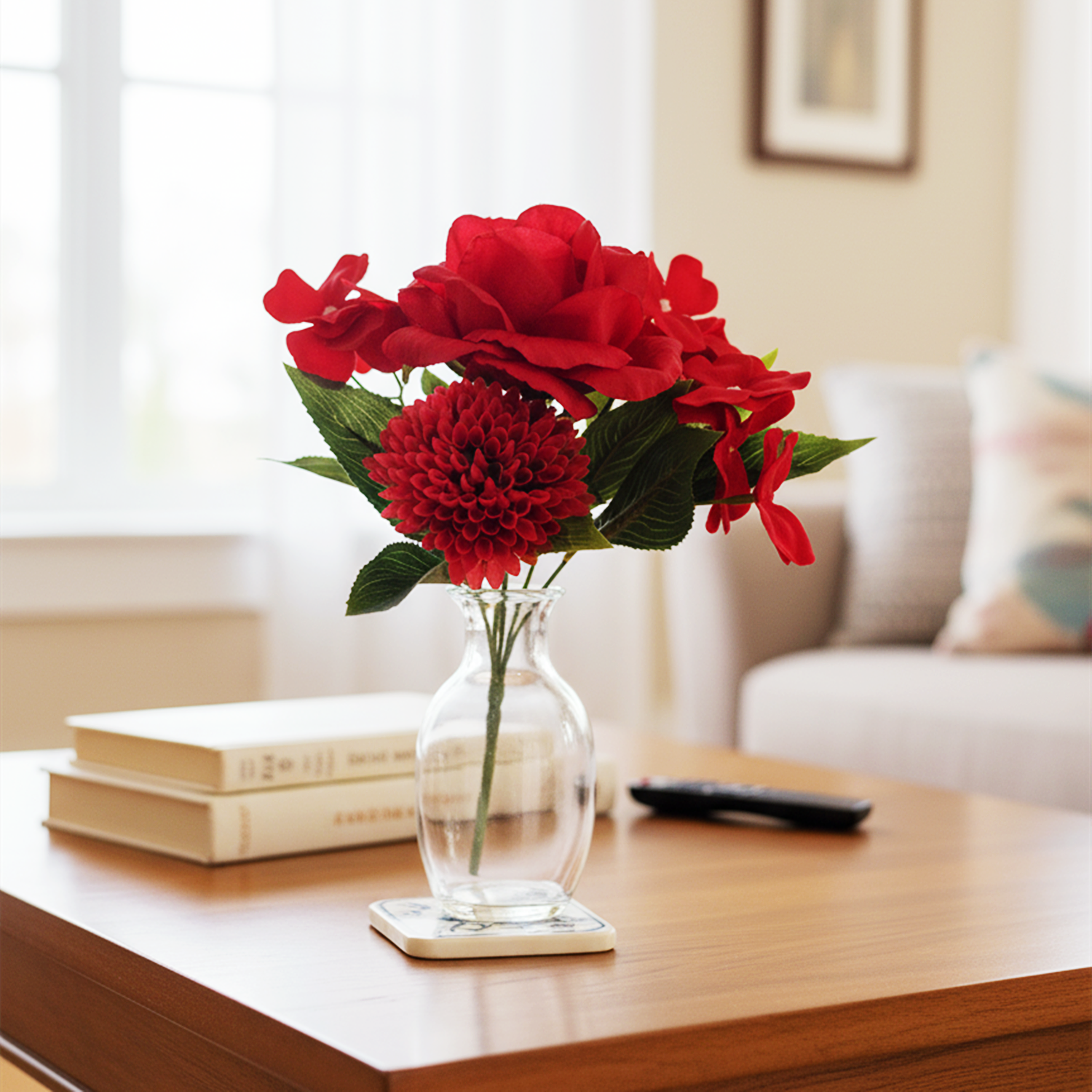 28 cm künstlicher roter Mischblumen-Strauchstrauß mit Rosen, Chrysanthemen und Impatiens