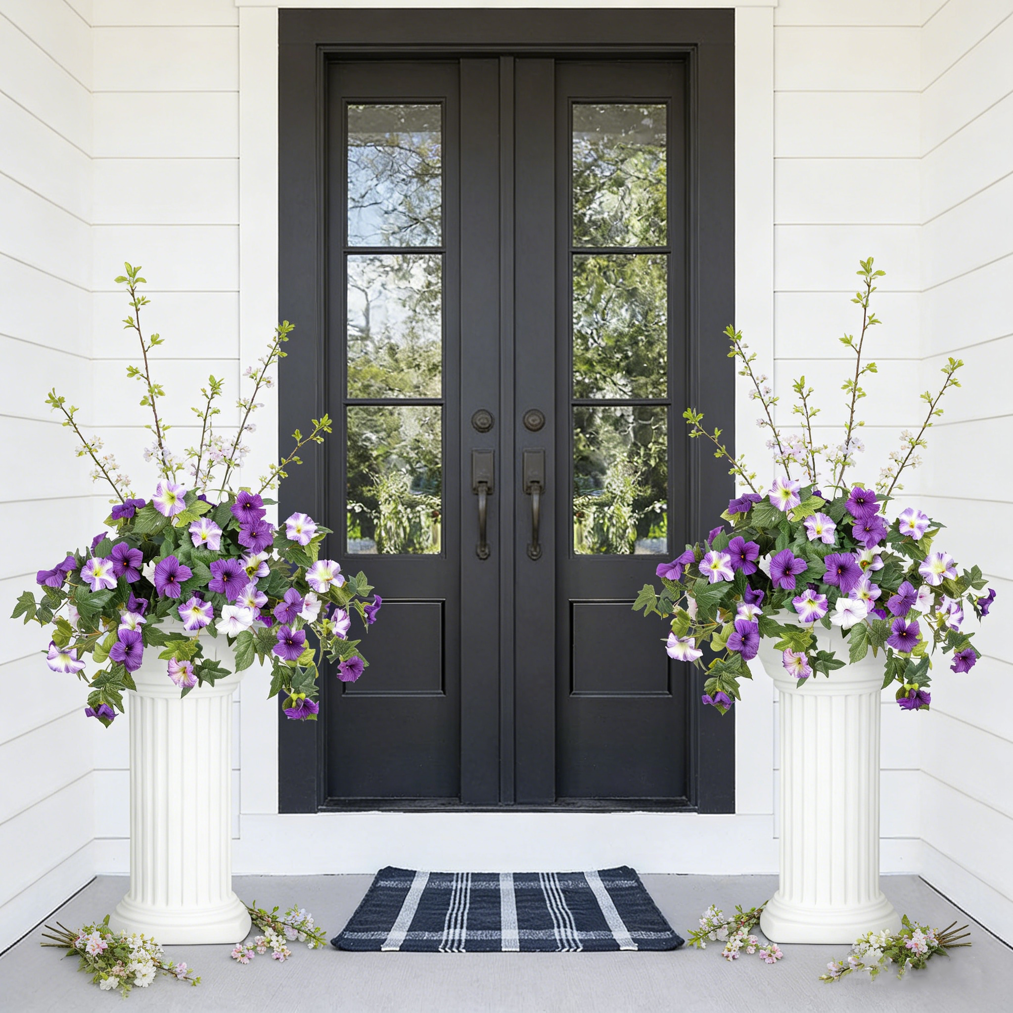 2 Stück UV-beständige Kunststoff-Petunien Lila Echte Farbe Anti-UV Falsche Blumen für Außen Garten Balkon Terrasse Dekoration
