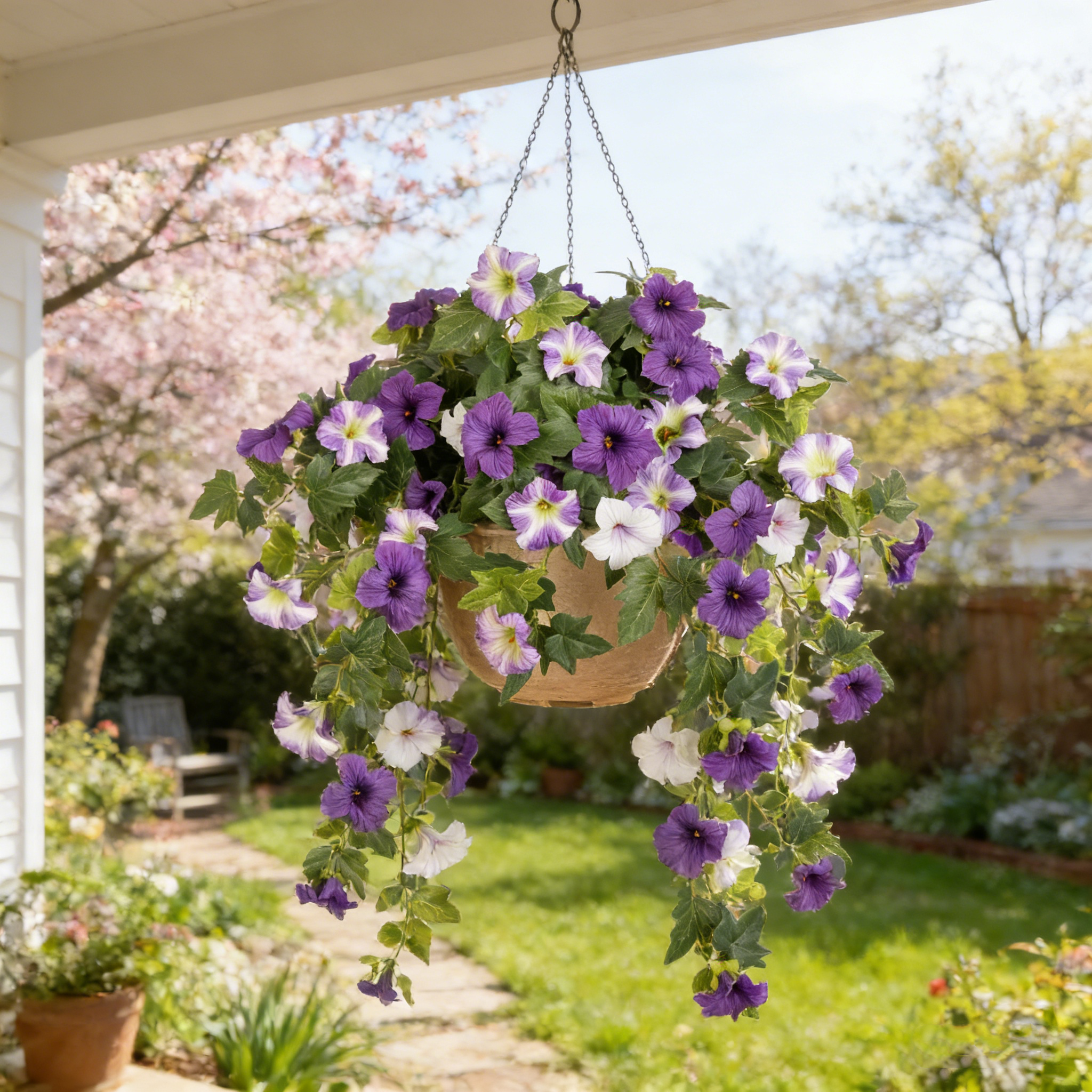 2 Stück UV-beständige Kunststoff-Petunien Lila Echte Farbe Anti-UV Falsche Blumen für Außen Garten Balkon Terrasse Dekoration