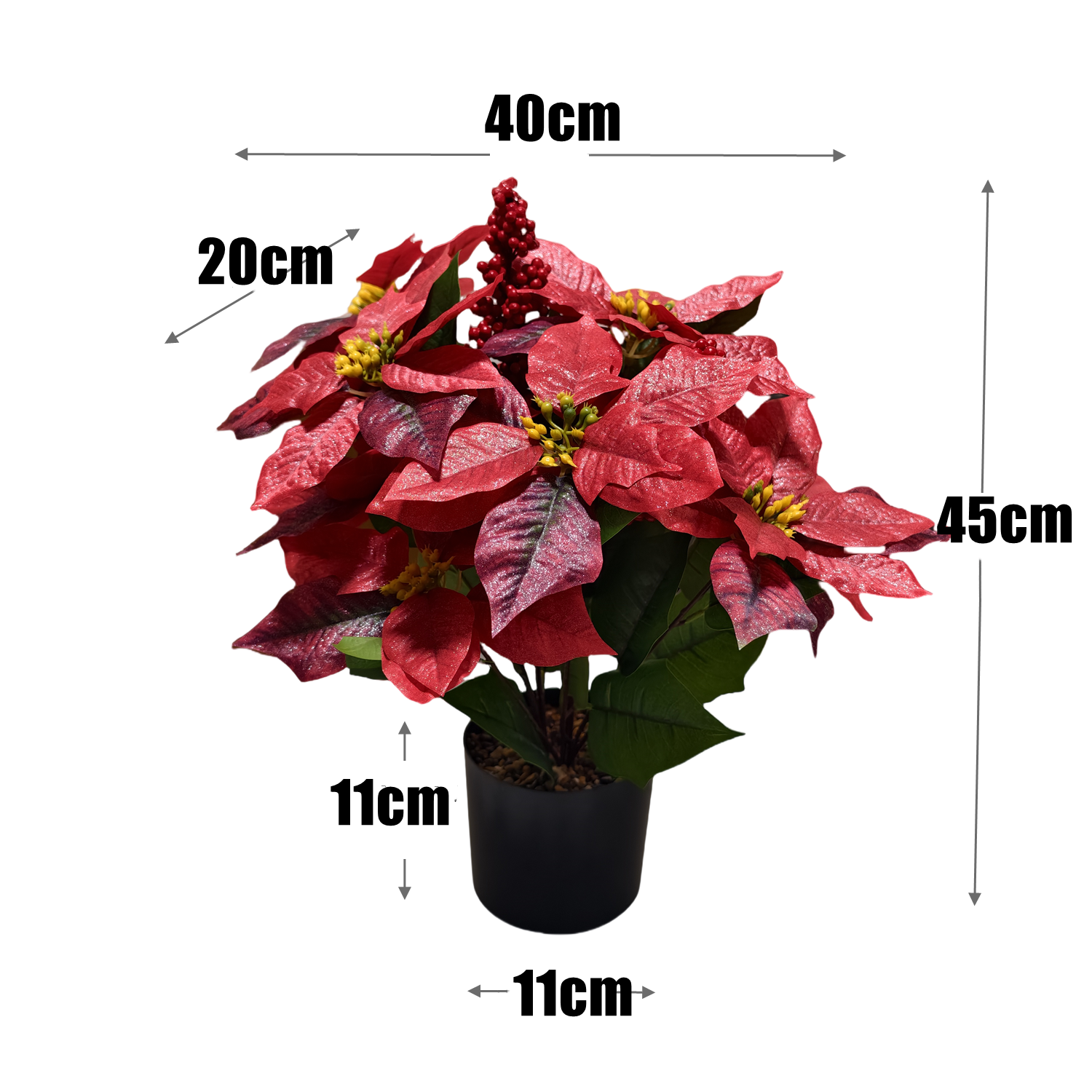 45 cm künstliche Poinsettie-Pflanze mit roten Beeren - In Topf für Weihnachtsdekorationen zu Hause, auf der Veranda und im Garten