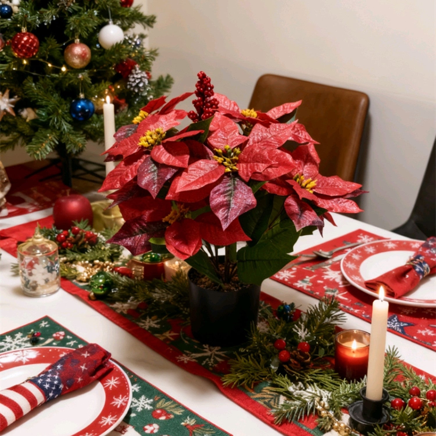 45 cm künstliche Poinsettie-Pflanze mit roten Beeren - In Topf für Weihnachtsdekorationen zu Hause, auf der Veranda und im Garten