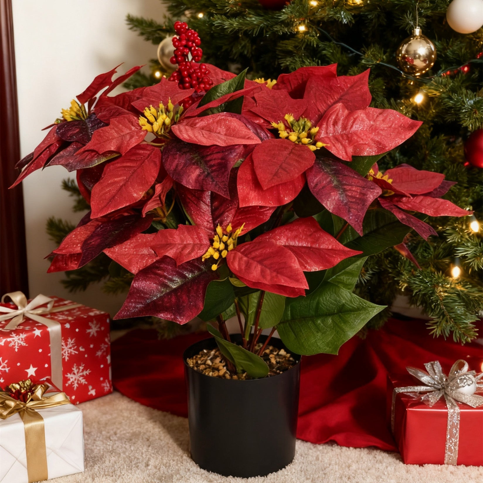 45 cm künstliche Poinsettie-Pflanze mit roten Beeren - In Topf für Weihnachtsdekorationen zu Hause, auf der Veranda und im Garten