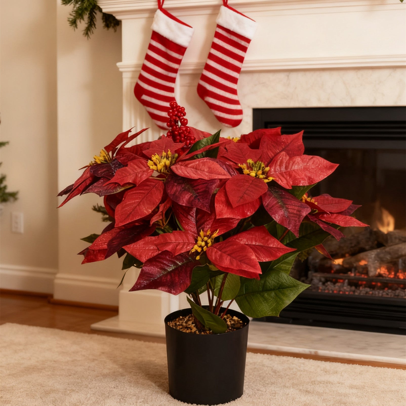 45 cm künstliche Poinsettie-Pflanze mit roten Beeren - In Topf für Weihnachtsdekorationen zu Hause, auf der Veranda und im Garten