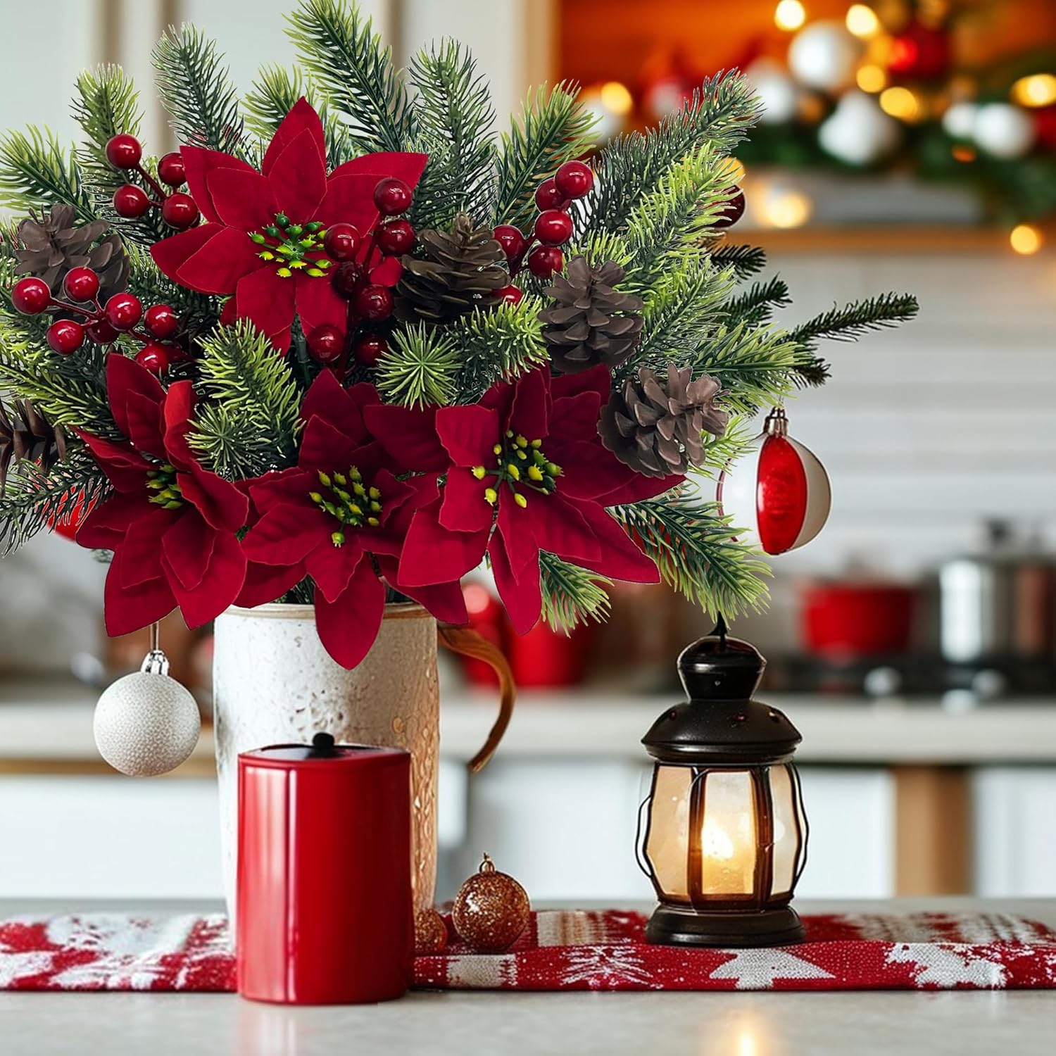 4 Stück Künstliche Poinsettien & Tannenzweige mit Roten Beeren Zapfen – Weihnachtsdekoration
