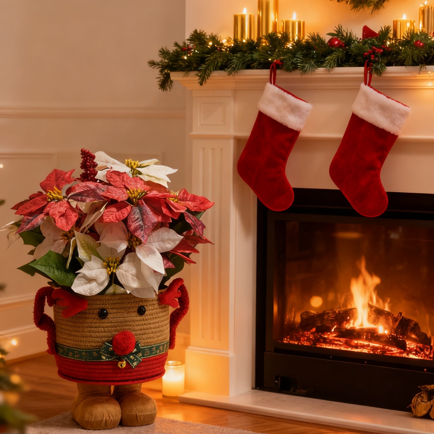 60 cm Seiden-Poinsettien-Arrangement mit Beeren – Geflochtene Rattan-Hirsch-Ständer-Vase, Weihnachtsdekor für zu Hause