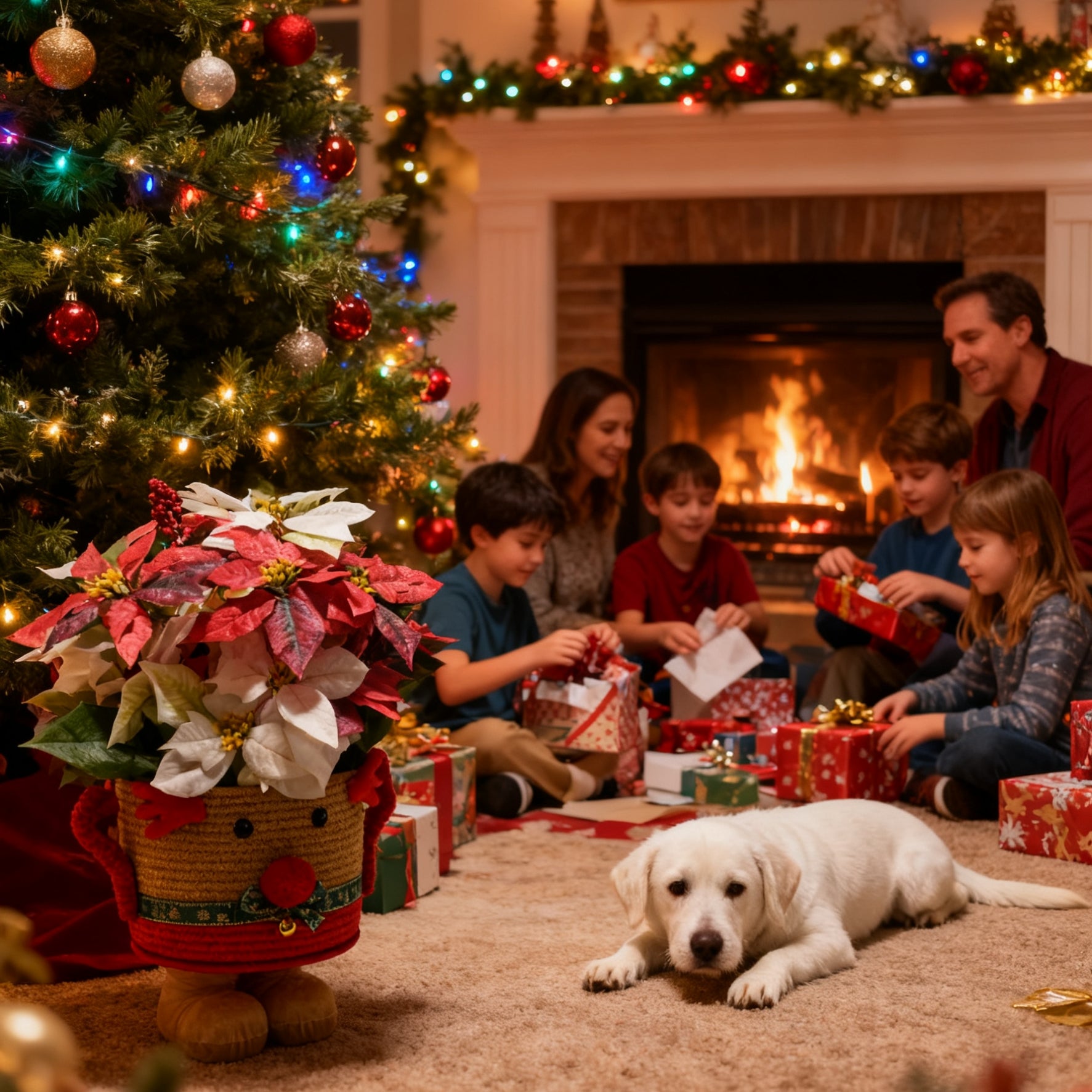 60 cm Seiden-Poinsettien-Arrangement mit Beeren – Geflochtene Rattan-Hirsch-Ständer-Vase, Weihnachtsdekor für zu Hause