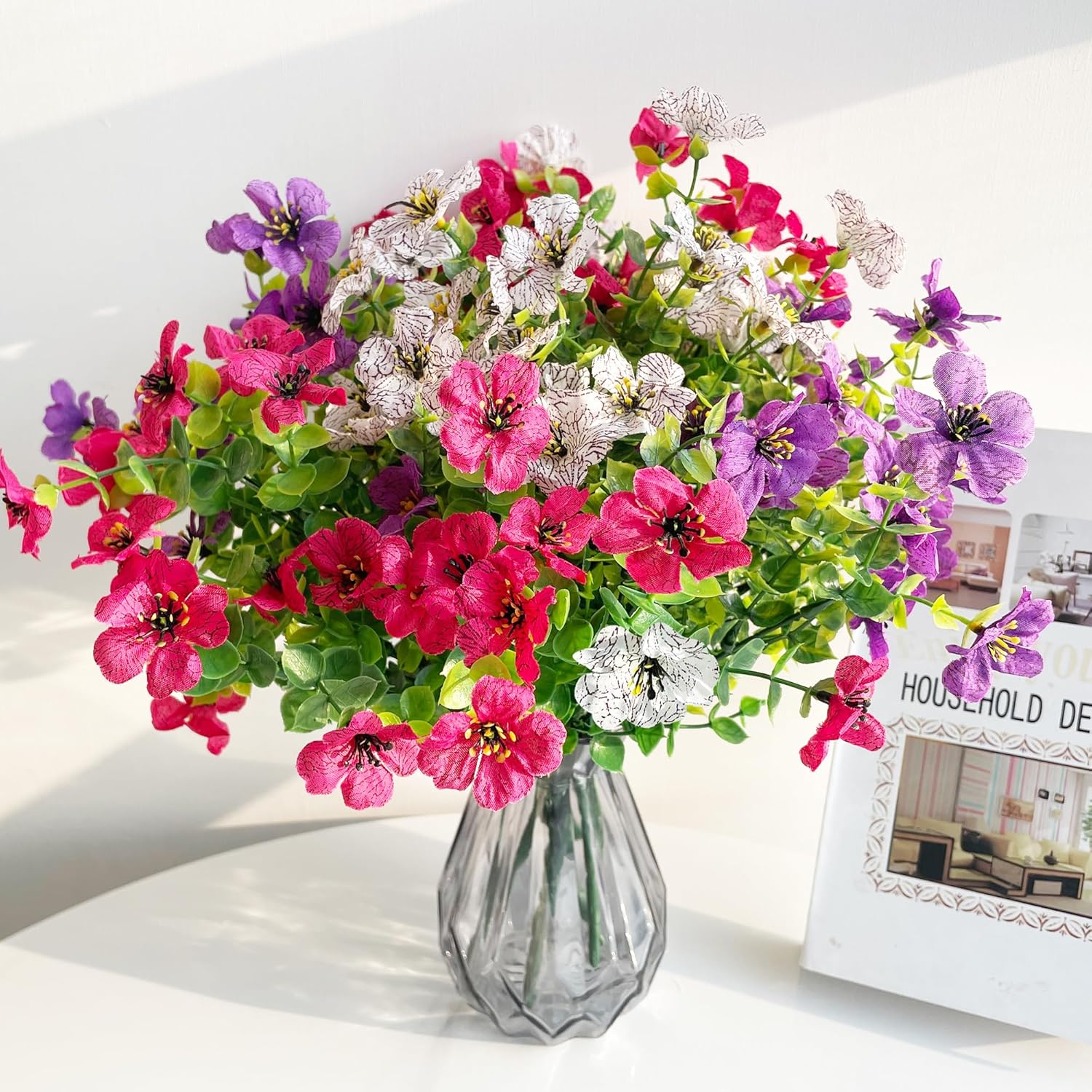 35cm 6 Bündel künstliche Blumen in drei Farben (Lila / Rosa / Weiß): Außengeeignet, wasser- und sonnenbeständig, realistisch und langlebig, geeignet für Balkon, Garten und Innenraumdekoration, wartungsfrei und einfach zu pflegen