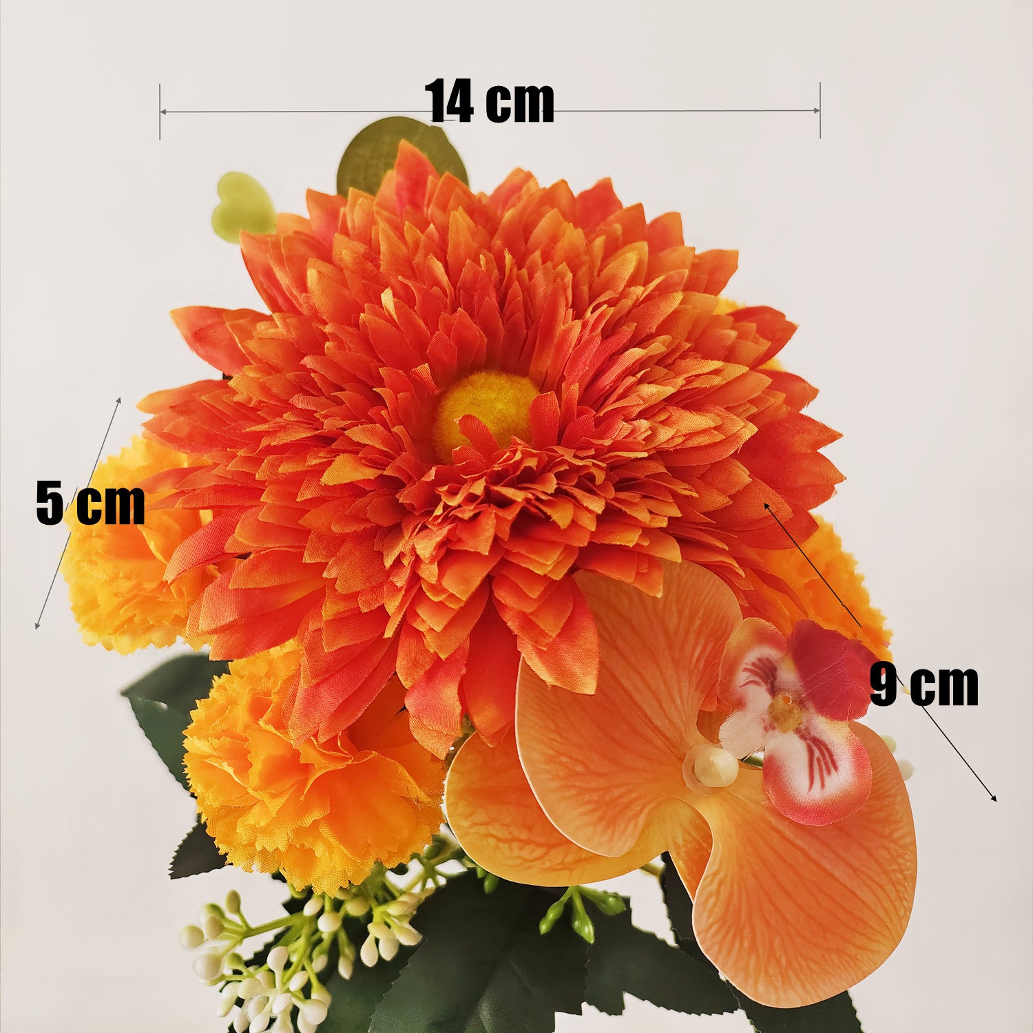 30 cm 7 Stängel Orange Blumenstrauß (Strauchform) – Sonnenblume, Nelken & Orchidee zur Herbstdekoration