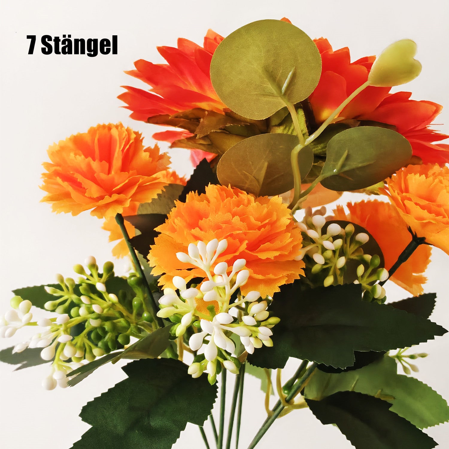 30 cm 7 Stängel Orange Blumenstrauß (Strauchform) – Sonnenblume, Nelken & Orchidee zur Herbstdekoration