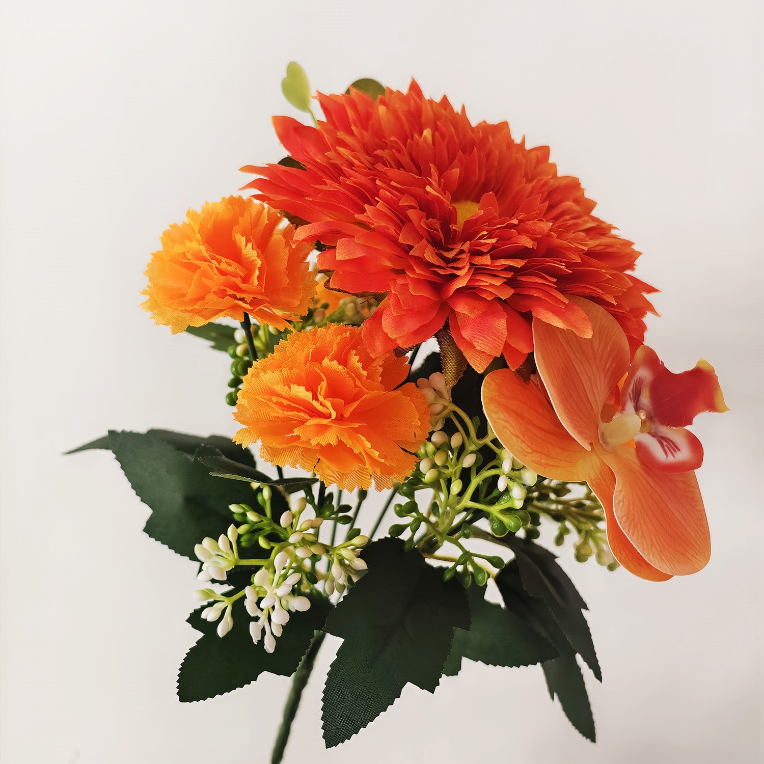 30 cm 7 Stängel Orange Blumenstrauß (Strauchform) – Sonnenblume, Nelken & Orchidee zur Herbstdekoration