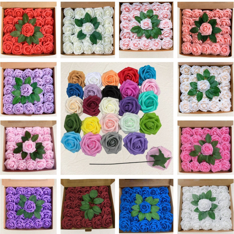 Blumenkasten-Schaum-PE-Rosen (25 Stück pro Packung) mit Stängel und Sockel - Simulationsblumen Ideal für DIY-Blumenarrangements, Hochzeitsdekoration und Partydekoration