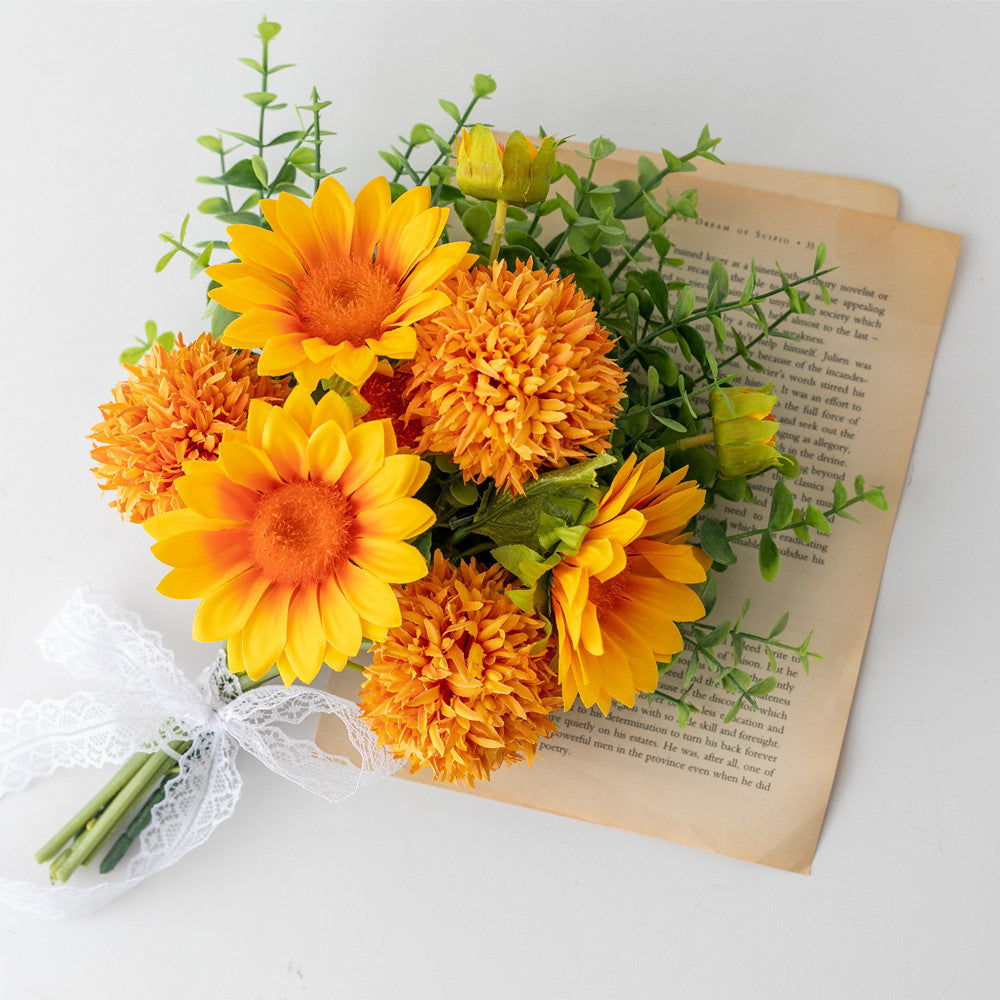 35cm Bukett aus Sonnenblumen, Chrysanthemen (Kugelform) und Eukalyptus Realistische Kunstblume für Blumenarrangements, Home Decor, Hochzeitsbuketen, DIY-Handwerksprojekte