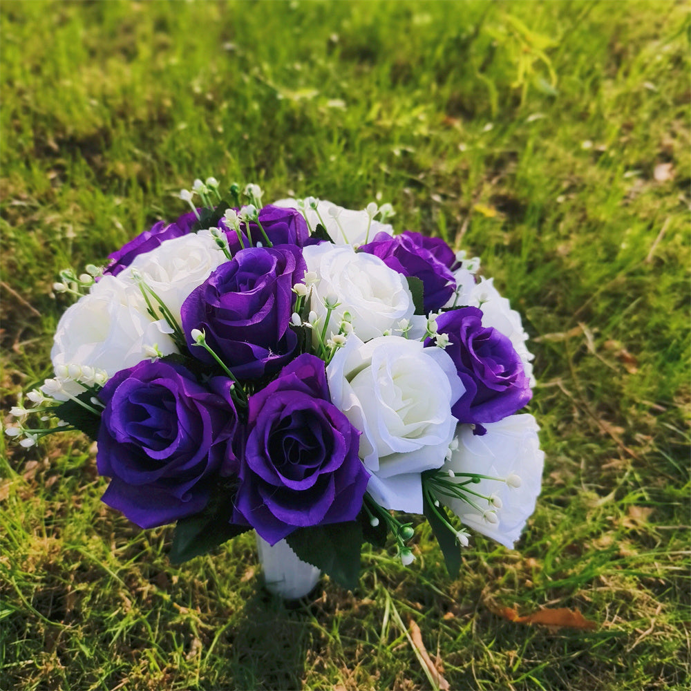 Grabschmuck Rosenstrauß mit Vase | ca. 38 cm | Wetterfeste Kunstblumen | Grabgesteck für Allerheiligen & Gedenken