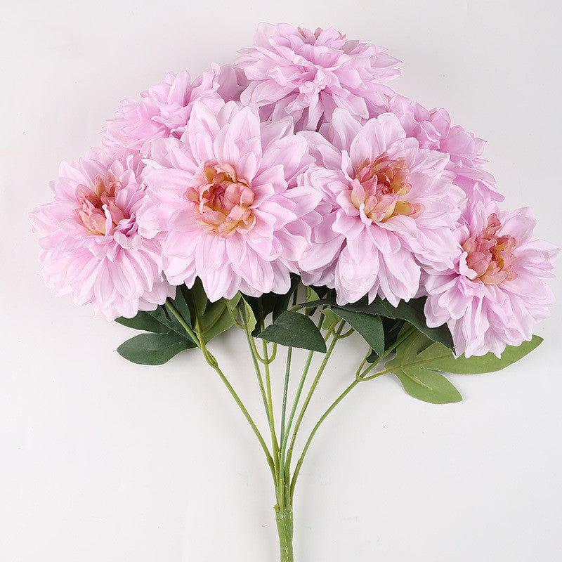 Dahlienbusch künstlich 48 cm, täuschend echte Seiden-Dahlien, 7 Blüten, für Dekoration, Hochzeit, Gastronomie, langlebiger Kunstblumenstrauß