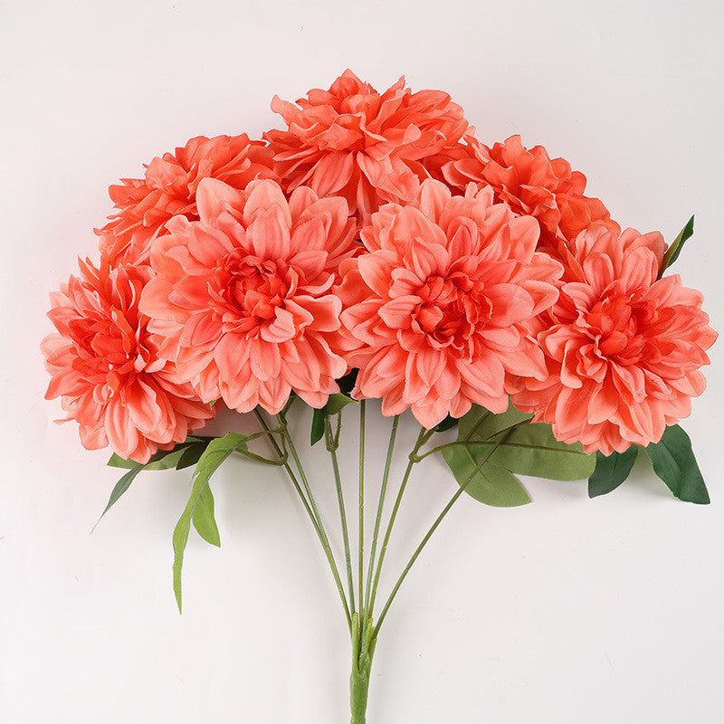 Dahlienbusch künstlich 48 cm, täuschend echte Seiden-Dahlien, 7 Blüten, für Dekoration, Hochzeit, Gastronomie, langlebiger Kunstblumenstrauß