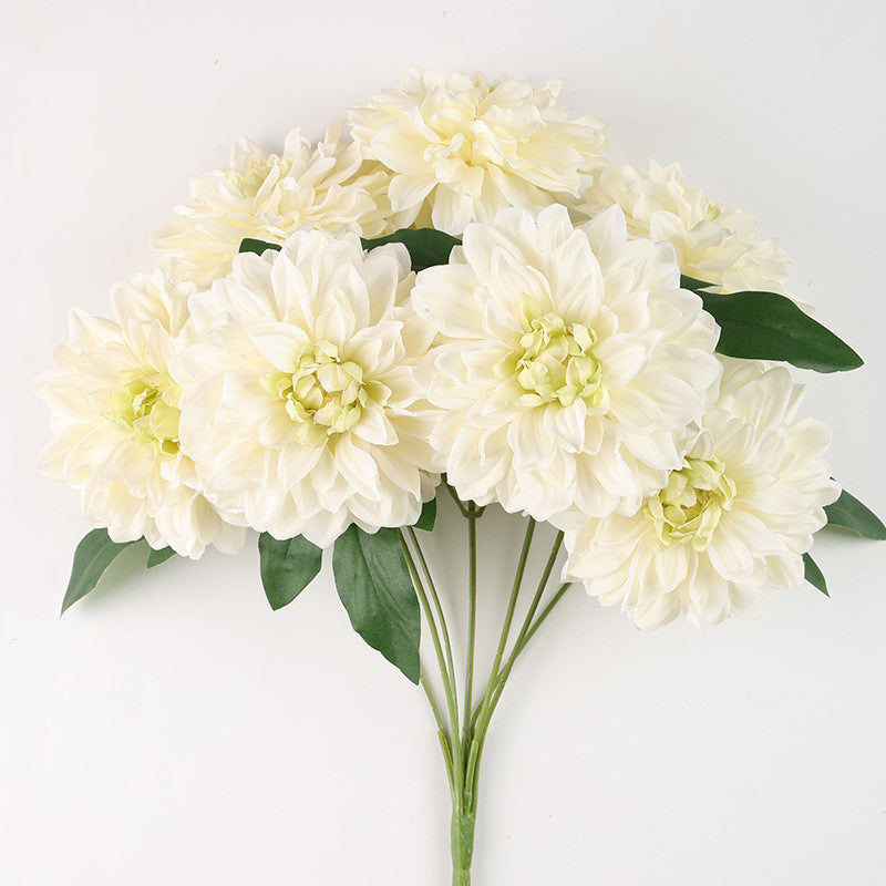 Dahlienbusch künstlich 48 cm, täuschend echte Seiden-Dahlien, 7 Blüten, für Dekoration, Hochzeit, Gastronomie, langlebiger Kunstblumenstrauß