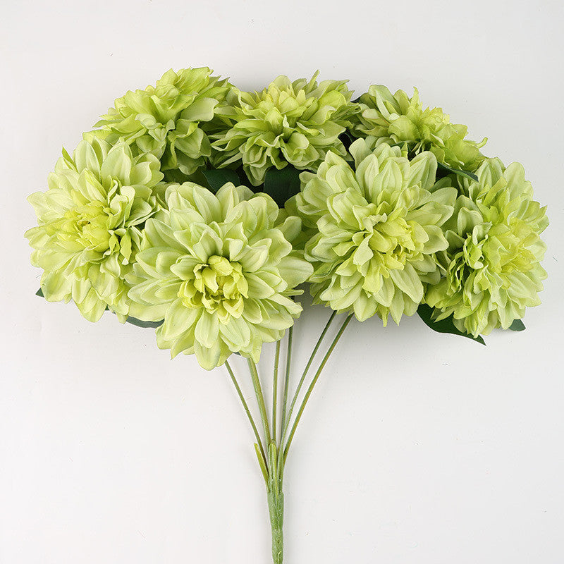 Dahlienbusch künstlich 48 cm, täuschend echte Seiden-Dahlien, 7 Blüten, für Dekoration, Hochzeit, Gastronomie, langlebiger Kunstblumenstrauß