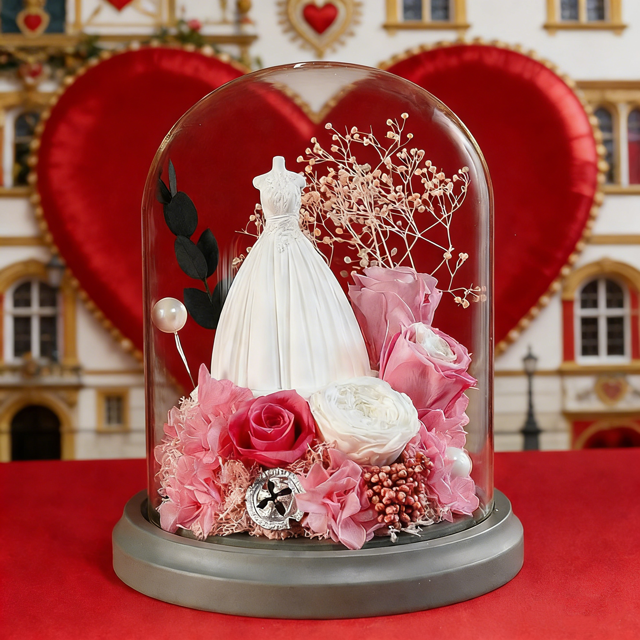 Hochzeitsstil Erhaltene Rote Rose in Glaskuppel mit LED-Lichtern