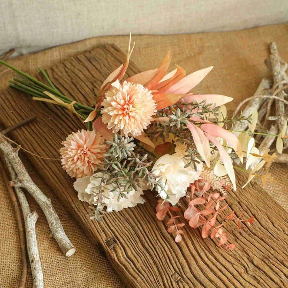 44cm Champagner Kunstblumen Künstliche Pflanzen Blumen Deko Hortensien Seide Blumenarrangements für Zuhause Blumenstrauß Hochzeit Garten Festival Dekor