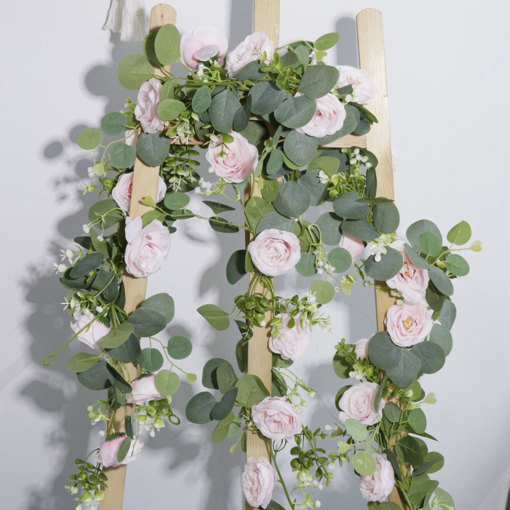 2PCS 1.7m Künstliche Blumengirlande Eukalyptus Girlande mit Pfingstrosen Künstlich Blumengirlande Deko Kunstblumen Seidenblumen Frühling Girlande für Outdoor Indoor Hochzeit