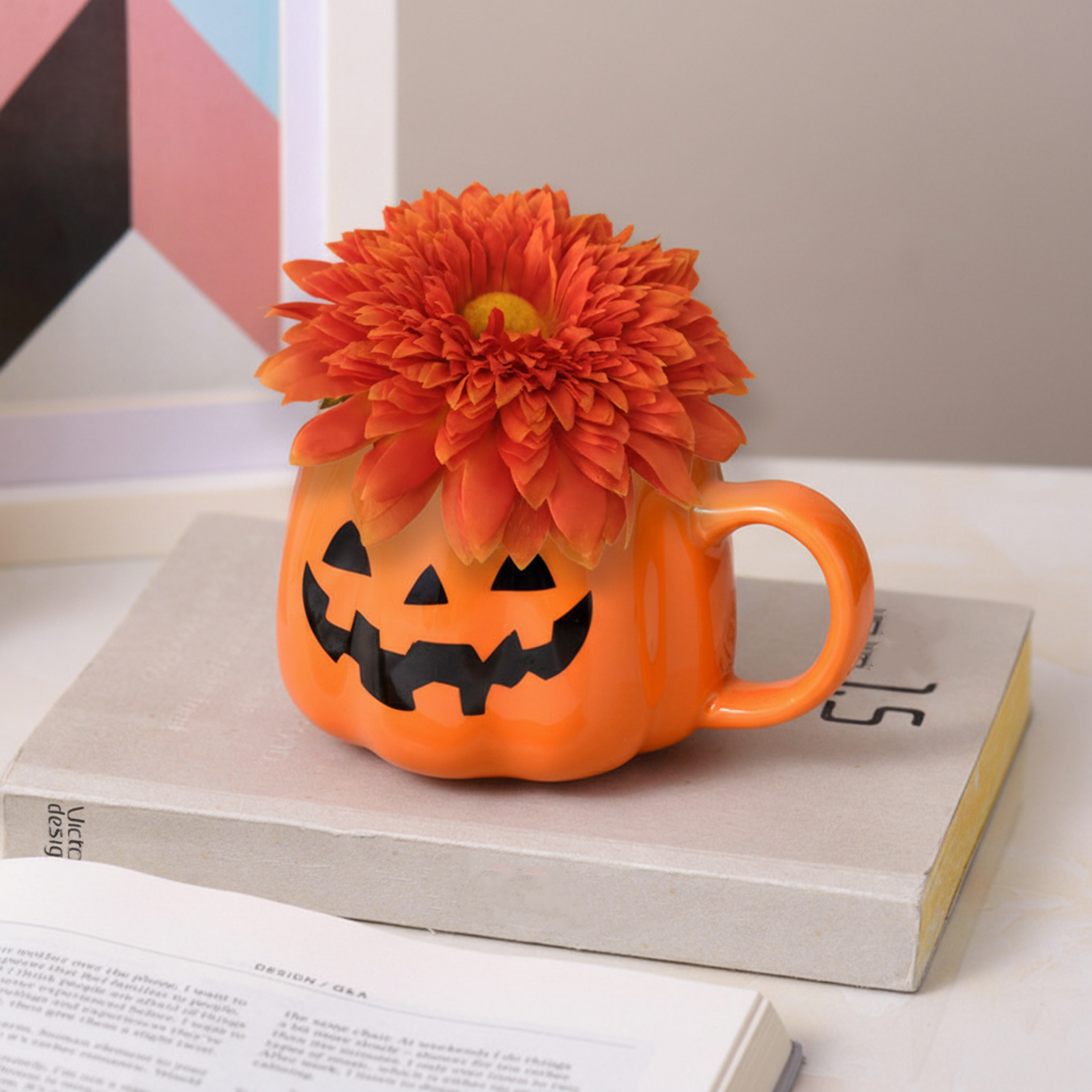 13 cm Künstliche Chrysanthemen in keramischer Kürbisvase Halloween Blumenarrangement