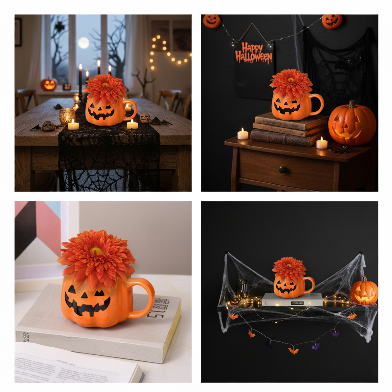 13 cm Künstliche Chrysanthemen in keramischer Kürbisvase Halloween Blumenarrangement