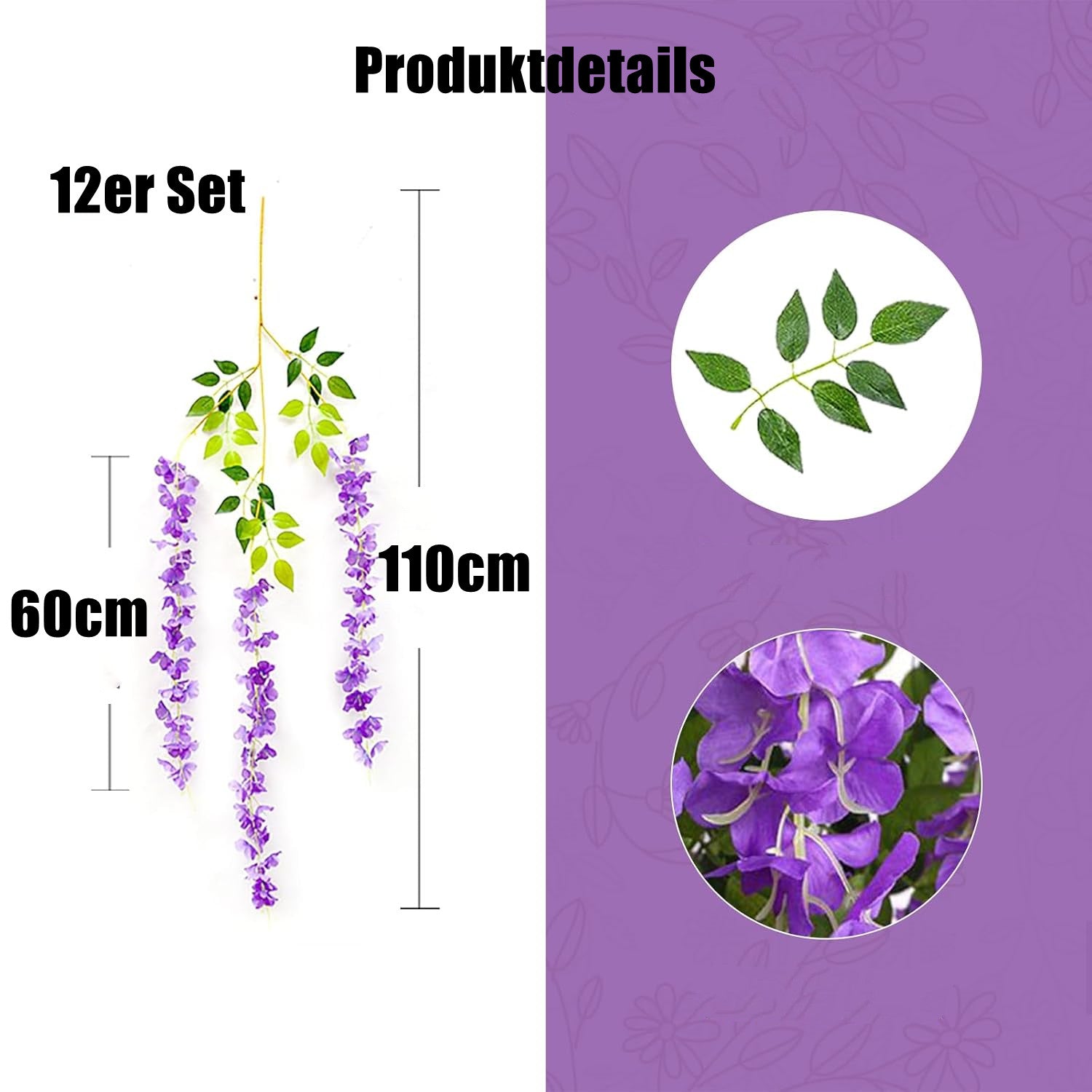 Künstliche Glyzinien-Girlande 12 Stück Blütenreben für Outdoor Deko, Hof & Garten