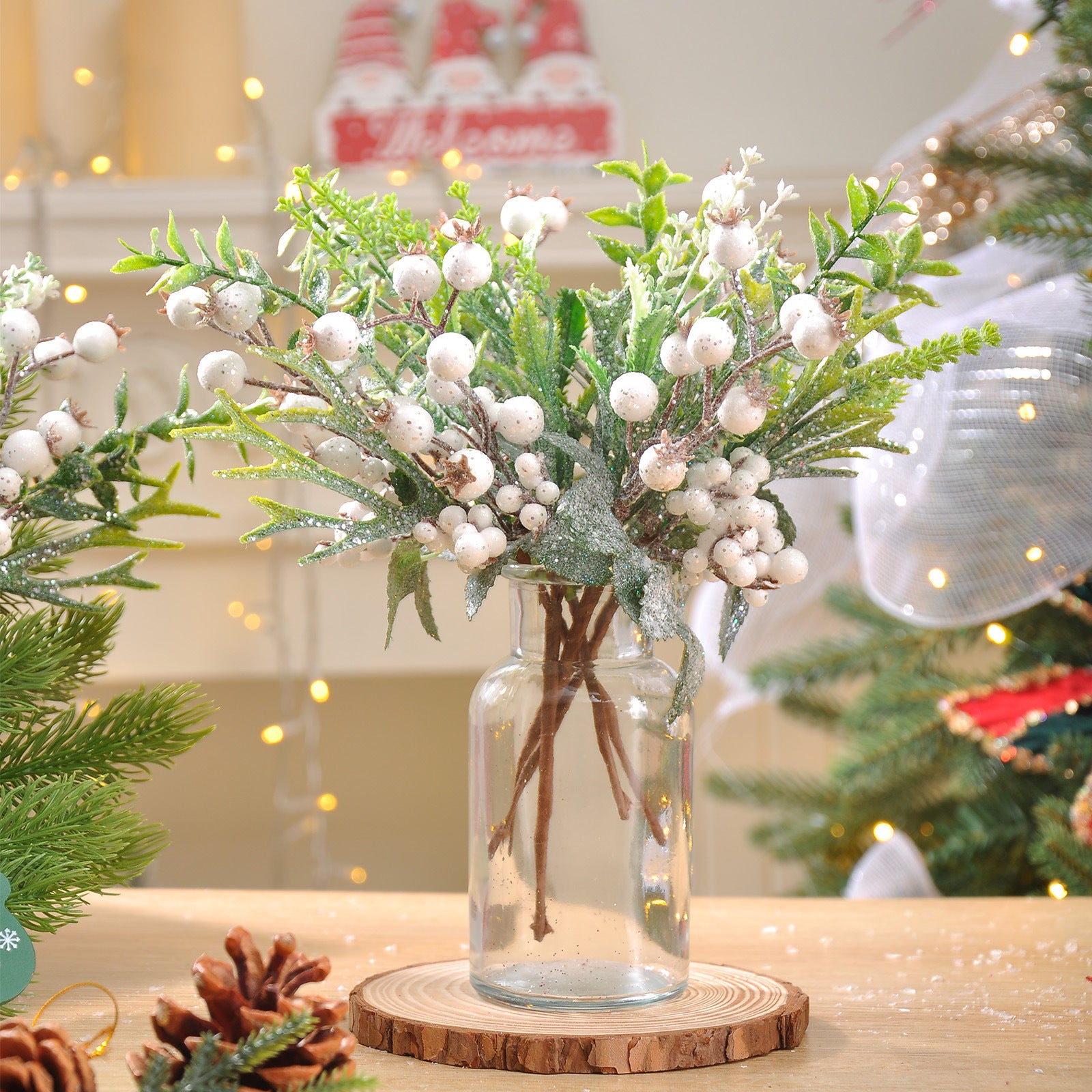 23 Modelle Künstliche Weihnachts-Kiefernnüsse & Beerensteckzweige – Rote & Weiße Beeren, Kiefernnüsse für Weihnachtsbaum, Kränze & Festliche Deko