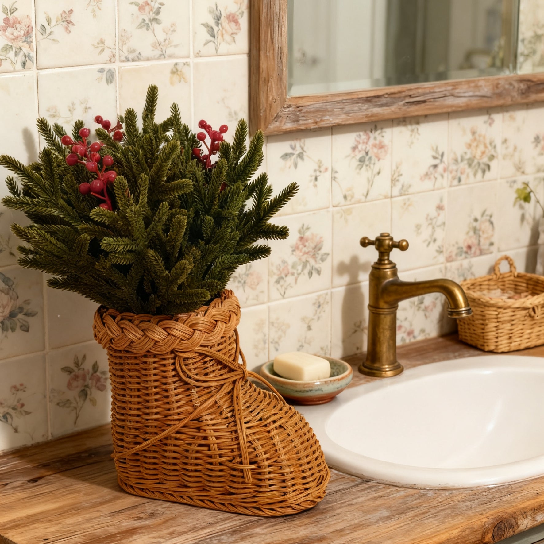 40cm ünstliche Norfolk-Kieferntriebe mit roten Beeren in einer geflochtenen Rattan-Vase mit Füßen – Weihnachtsdekorationen