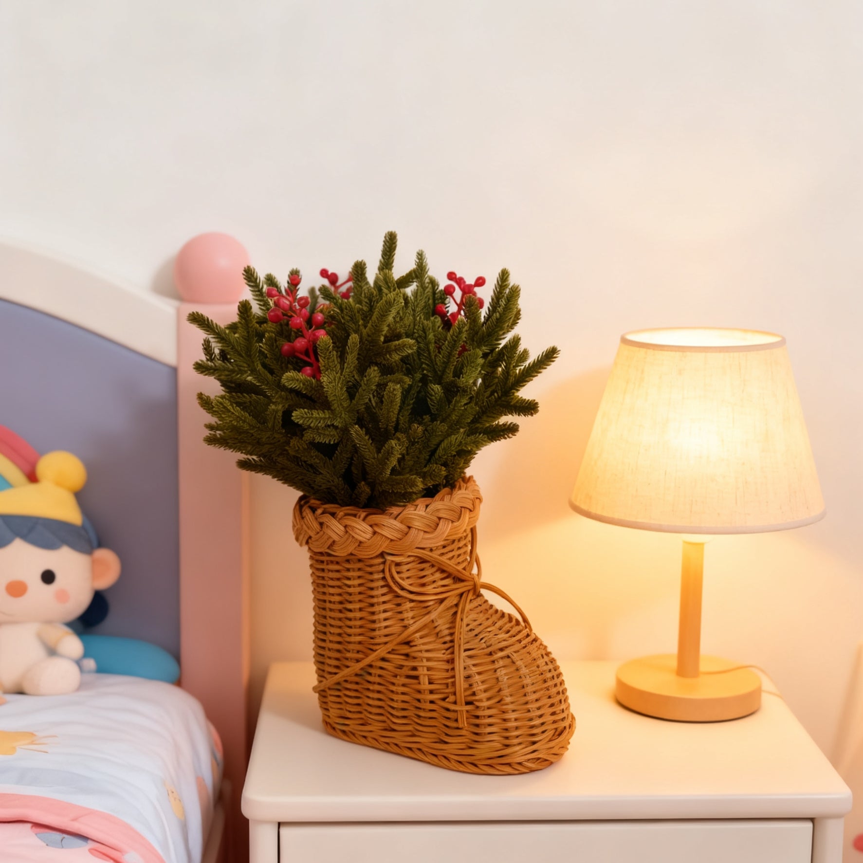 40cm ünstliche Norfolk-Kieferntriebe mit roten Beeren in einer geflochtenen Rattan-Vase mit Füßen – Weihnachtsdekorationen