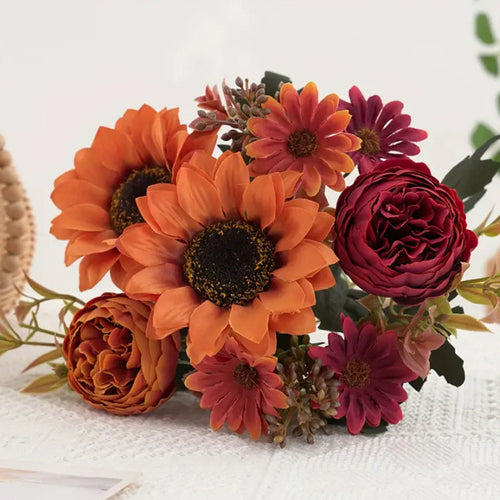 31 cm künstlicher Herbstton-Sonnenblumenstrauß mit Pfingstrosen und Margeriten