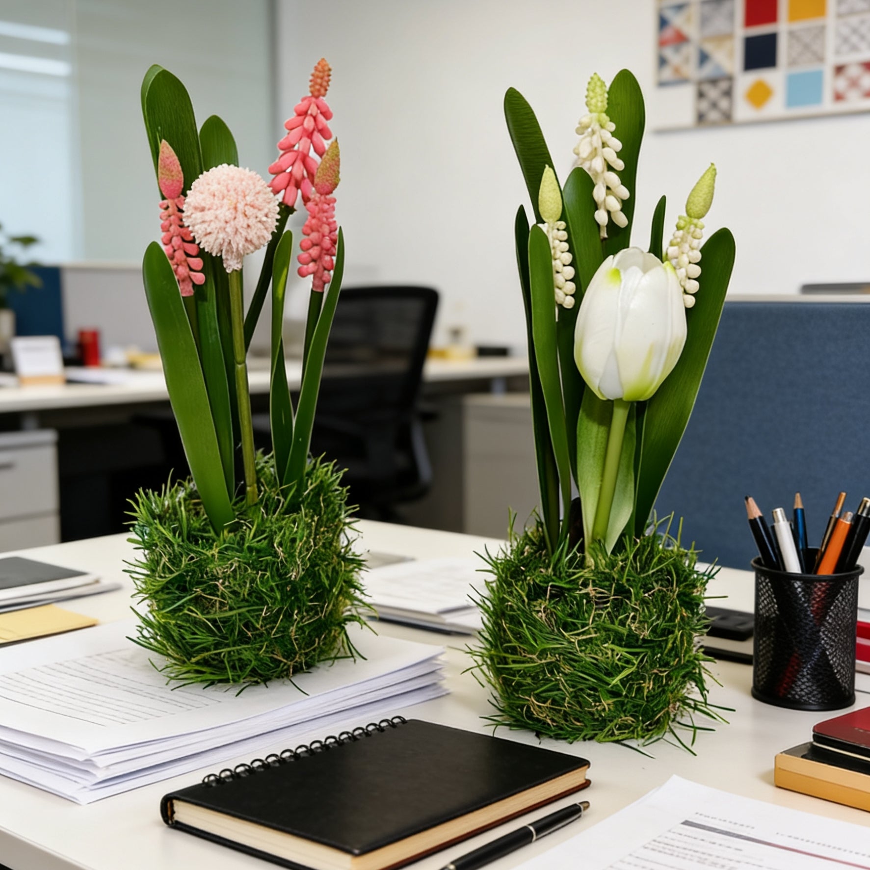 2erSet Künstliche Traubenhyazinthen Tulpen im Gras Nest 20cm Frühjahrsdeko Frühlingsdeko