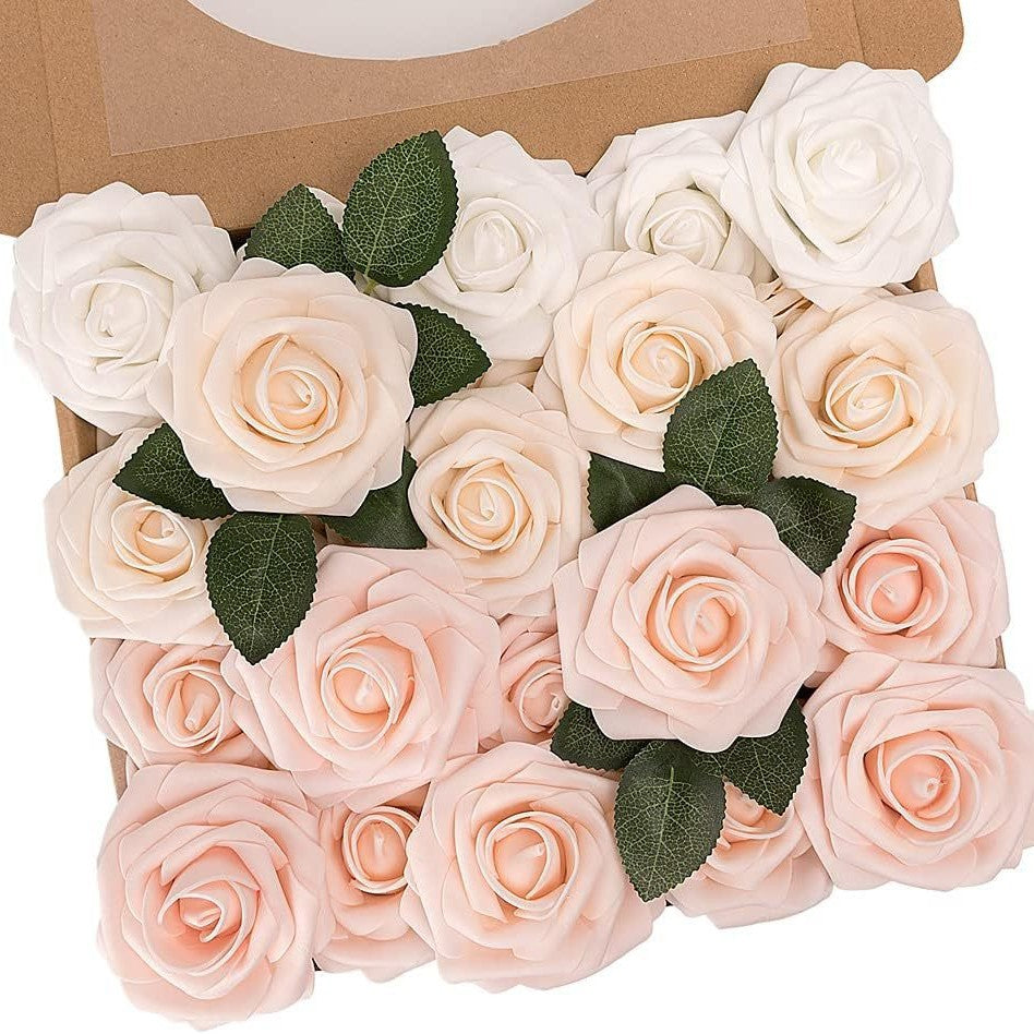 Blumenkasten-Schaum-PE-Rosen (25 Stück pro Packung) mit Stängel und Sockel - Simulationsblumen Ideal für DIY-Blumenarrangements, Hochzeitsdekoration und Partydekoration